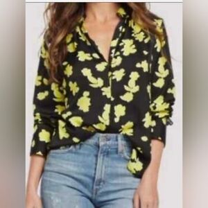 David Lerner Rocker Floral Blouse Womens Small Snap Long Sleeve Black Yellow